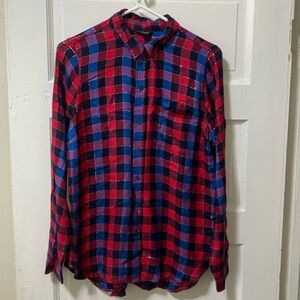 lucky brand plaid blouse with silver string detail women’s medium